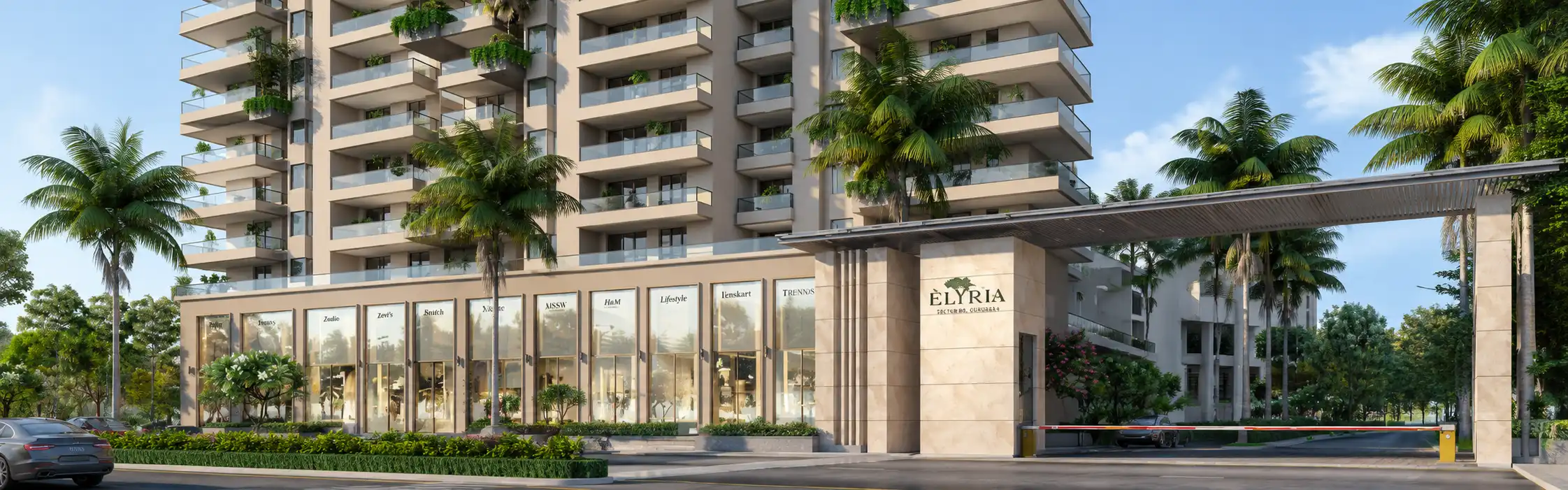 Elyria-branded entrance plaza with ground-floor retail and vertical gardens